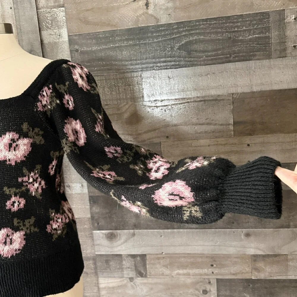Anthropologie black bishop sleeve sweater medium rose floral dark feminine
